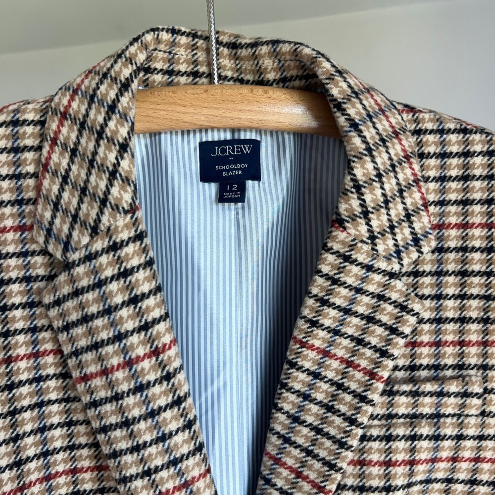 J. Crew Schoolboy Blazer 12 Tan Plaid Wool Blend Gold Crest Button Preppy Jacket - Picture 10 of 11